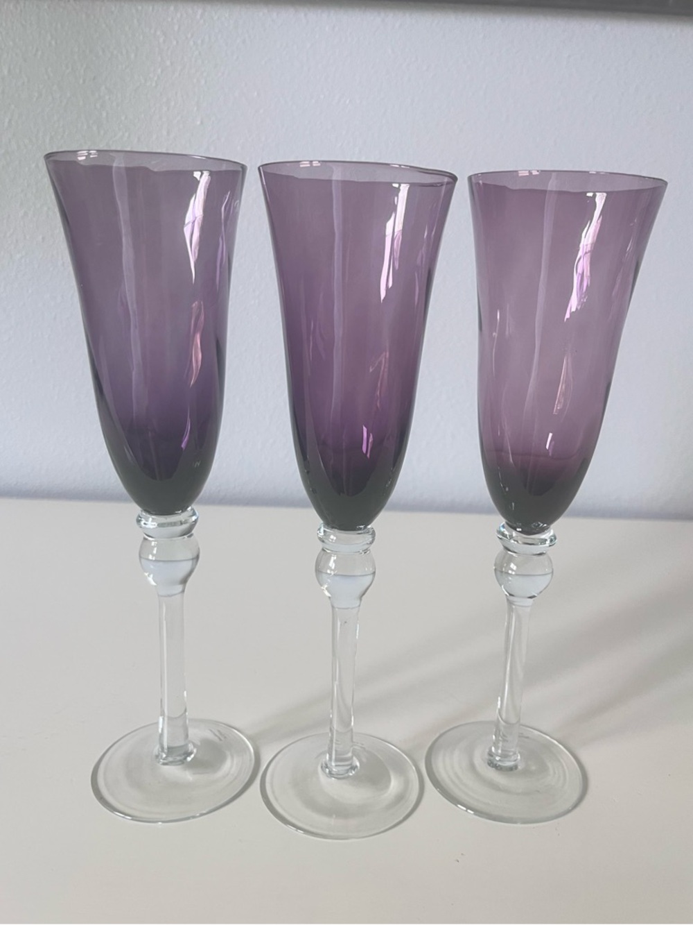 Set of 3 Champagne Flute Glasses Stem Wine Deep Purple Plum Crystal Artland